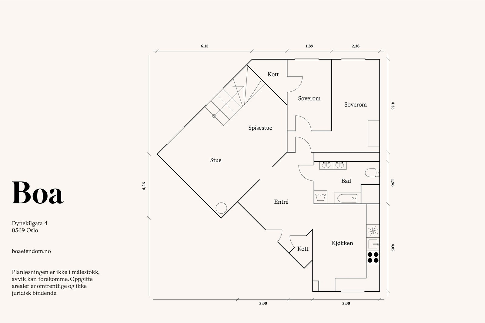 1. etasje: Entré/gang, bad, stue med trapp til kjeller, kjøkken med spisestue og to soverom. Kleskott og bod. Galleribilde