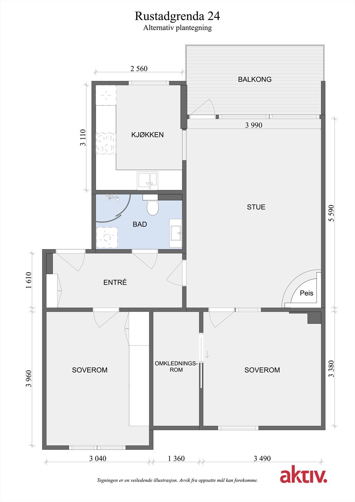 Alternativ planskisse med walk-in closet fra hovedsoverom Galleribilde