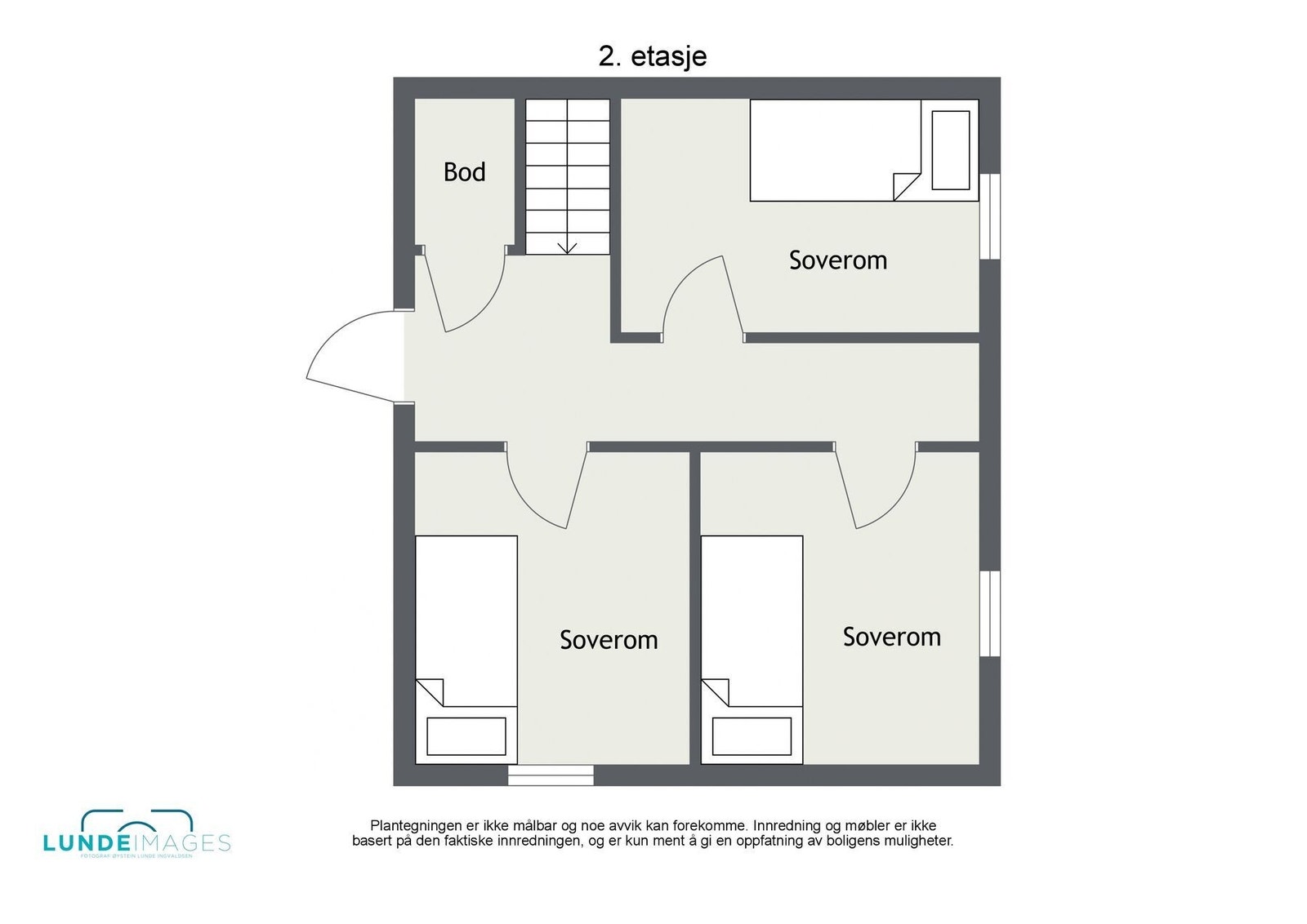 2.etasje er ca. 33 m² BRA og 31 m² P-rom. Inneholder: Gang, 3 soverom og bod. Galleribilde