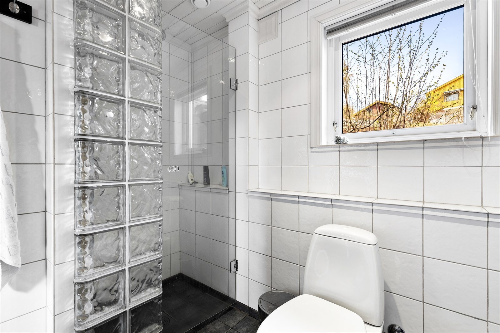 Dusjnisje med glassbyggerstein og glassdør og ettgreps dusjbatteri i rustfritt stål Galleribilde