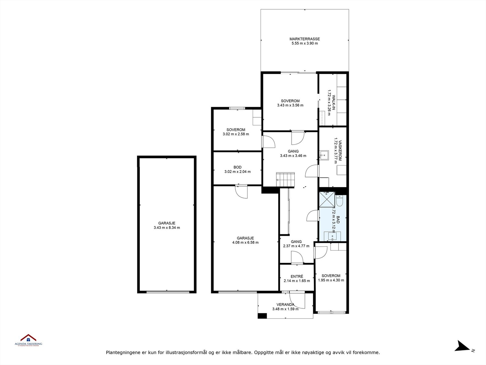 Plantegning med innvendige mål og himmelretning. Galleribilde