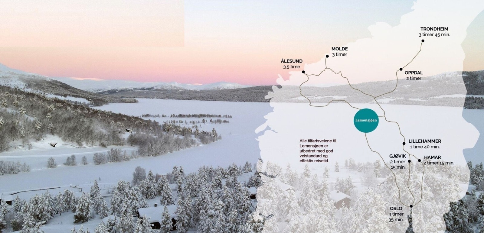 Lemonsjøen og avstander til nærmeste byer Galleribilde