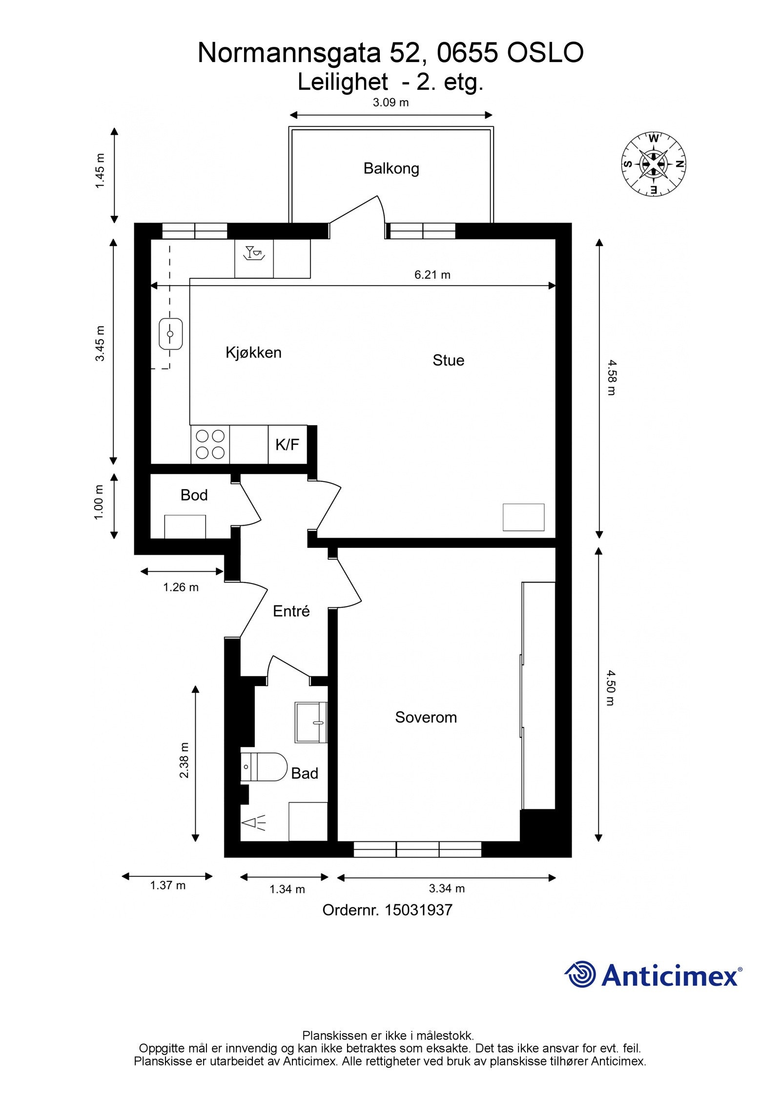 Plantegning. Leiligheten er gjennomgående med vinduer på to sider. Dette gir en lun og fin atmosfære og gode muligheter for utlufting på de varmeste dagene. Galleribilde