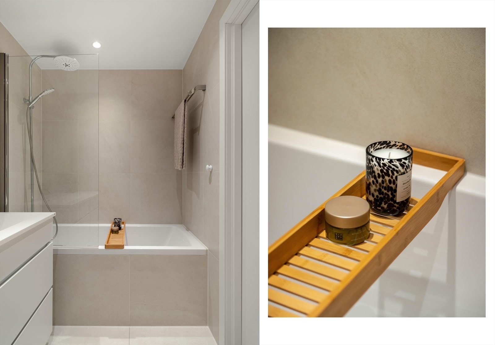 Badet er innredet med badekar, servantinnredning med oppbevaring, speil og vegghengt toalett. I gulvene er det lune varmekabler og downlights i tak for god belysning. Galleribilde