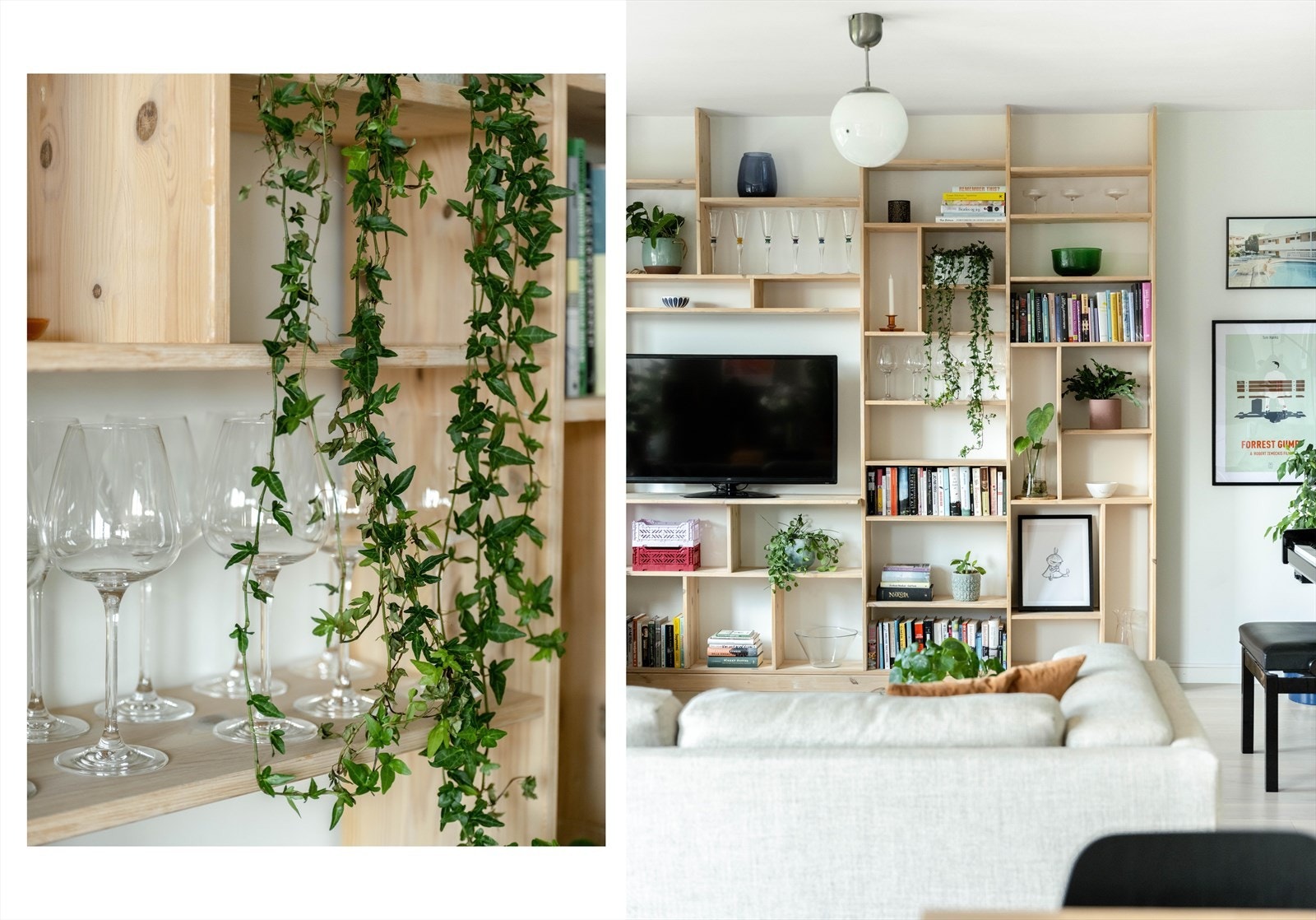 Langs kortveggen i stuen, er det laget en lekker, plassbygget bokhylleløsning. Galleribilde