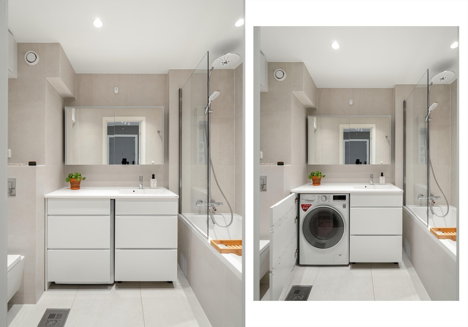 Det er plass og opplegg for vaskemaskin i selve innredningen, som skjules bak døren. Varmtvann er som tidligere nevnt inkludert i månedlige felleskostnader. Galleribilde