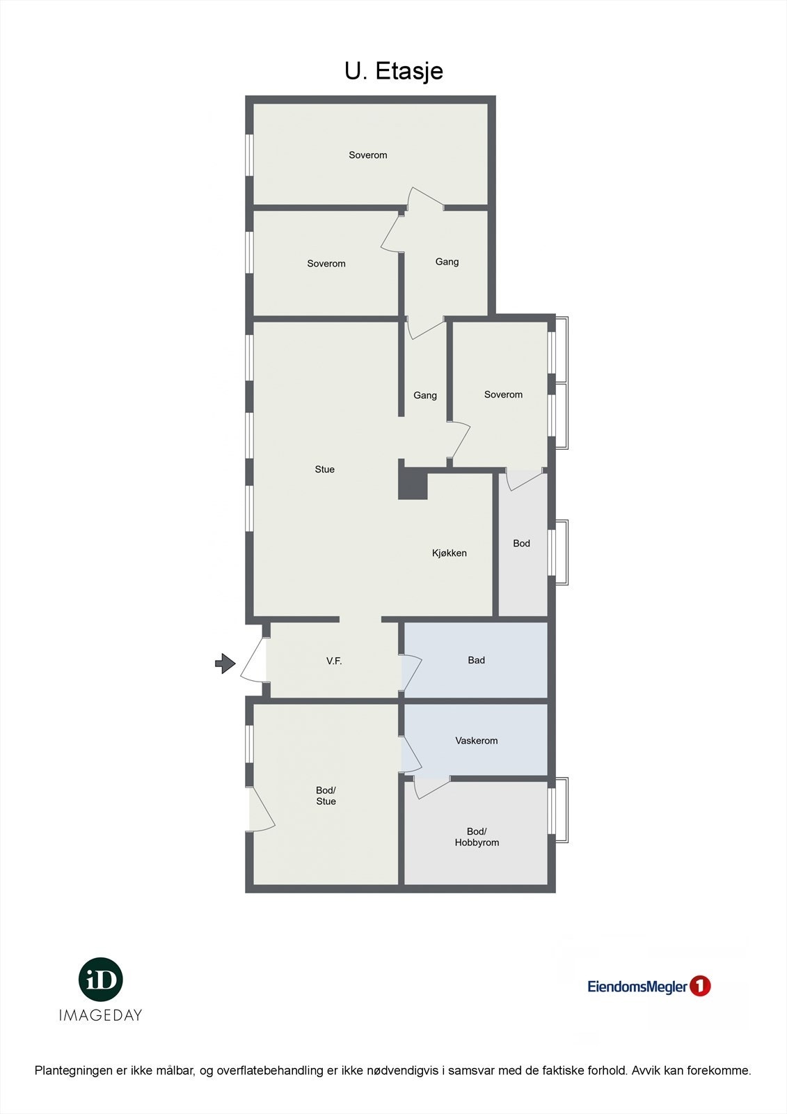 Underetasjen (del1) består av vindfang, gang, 3 soverom, stue/kjøkken og bad/vaskerom. Del 2 består av stue, kjøkken, hobbyrom og vaskerom Galleribilde