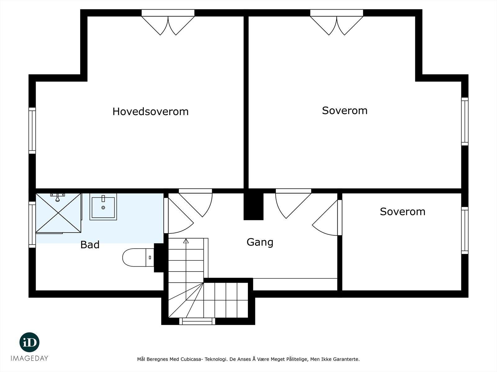 Plantegning Loft. Bad beskrevet på plantegning betegnes som toalettrom da det ikke er sluk under dusj, men koblet på avløp til servant. Galleribilde