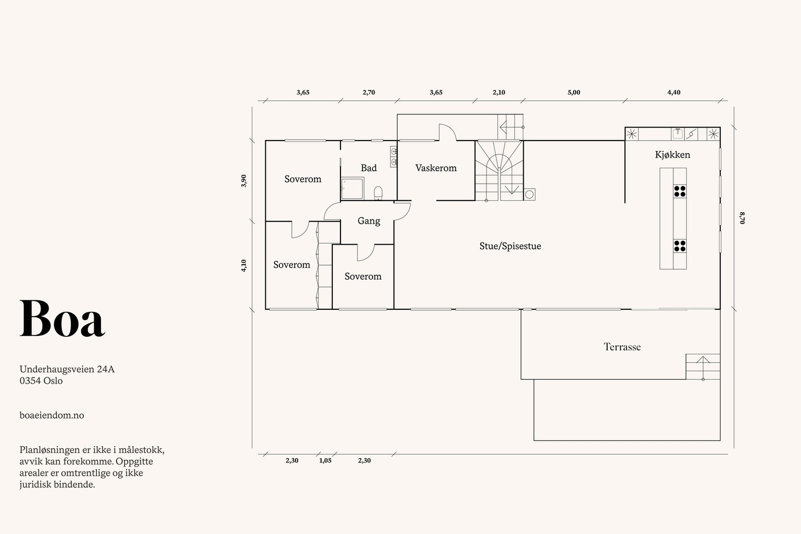 Første etasje: Trappegang, stue, spisestue, kjøkken, mellomgang, tre soverom, bad og vaskerom. Galleribilde