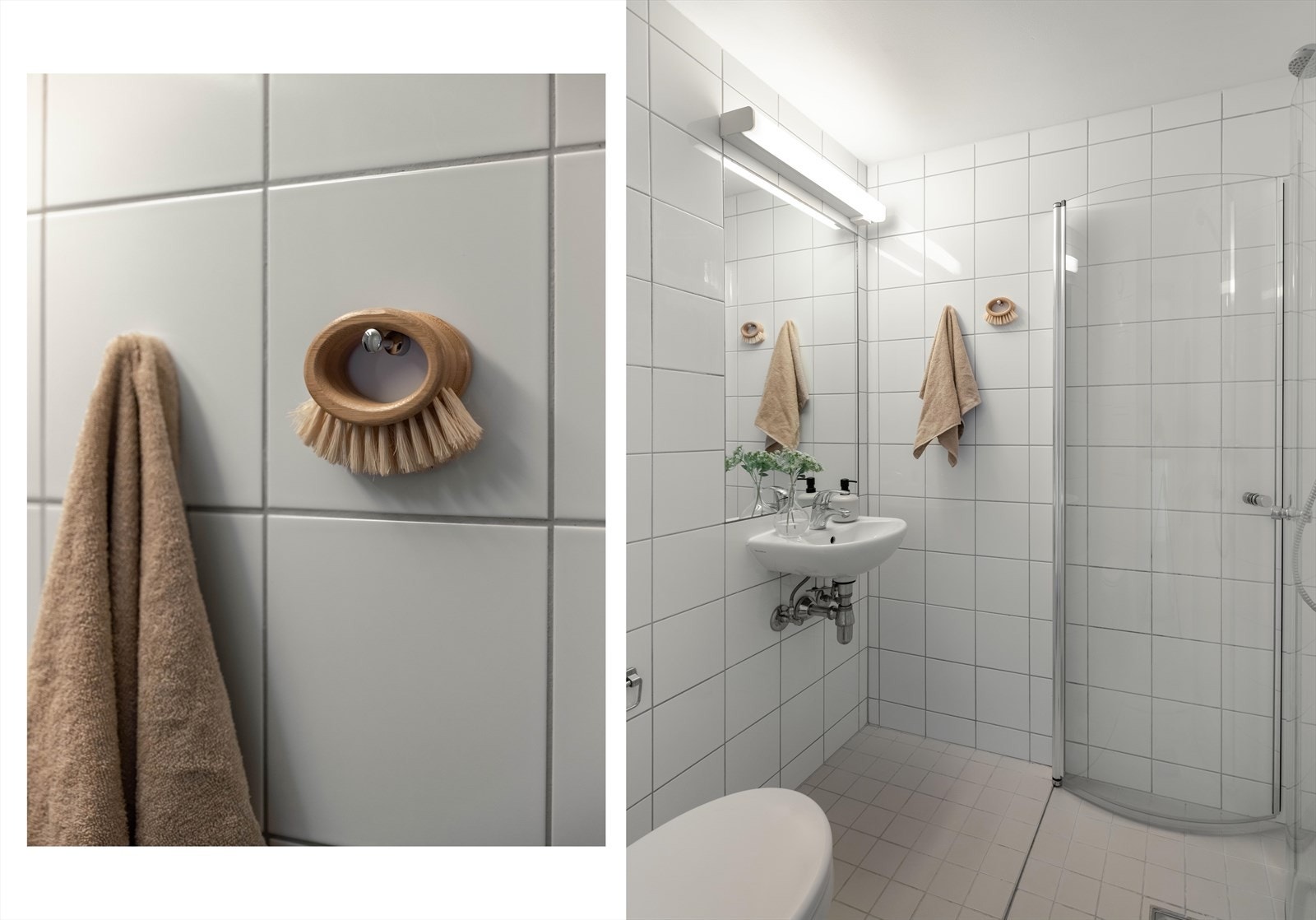 Badet er innredet med dusjhjørne, toalett, servant og speil. Det er også lun gulvvarme her. Galleribilde