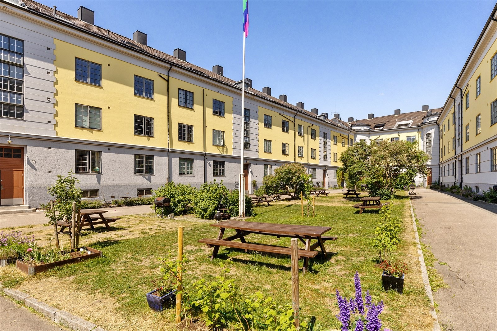 Fellesarealene er pent opparbeidede med plen og diverse beplantning. Galleribilde