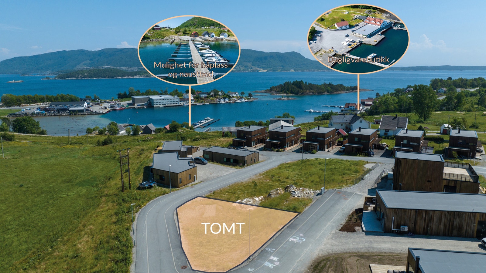 Tomten ligger i umiddelbar nærhet til sjø og dagligvarebutikk med bensinpumpe for båt og bil. Galleribilde