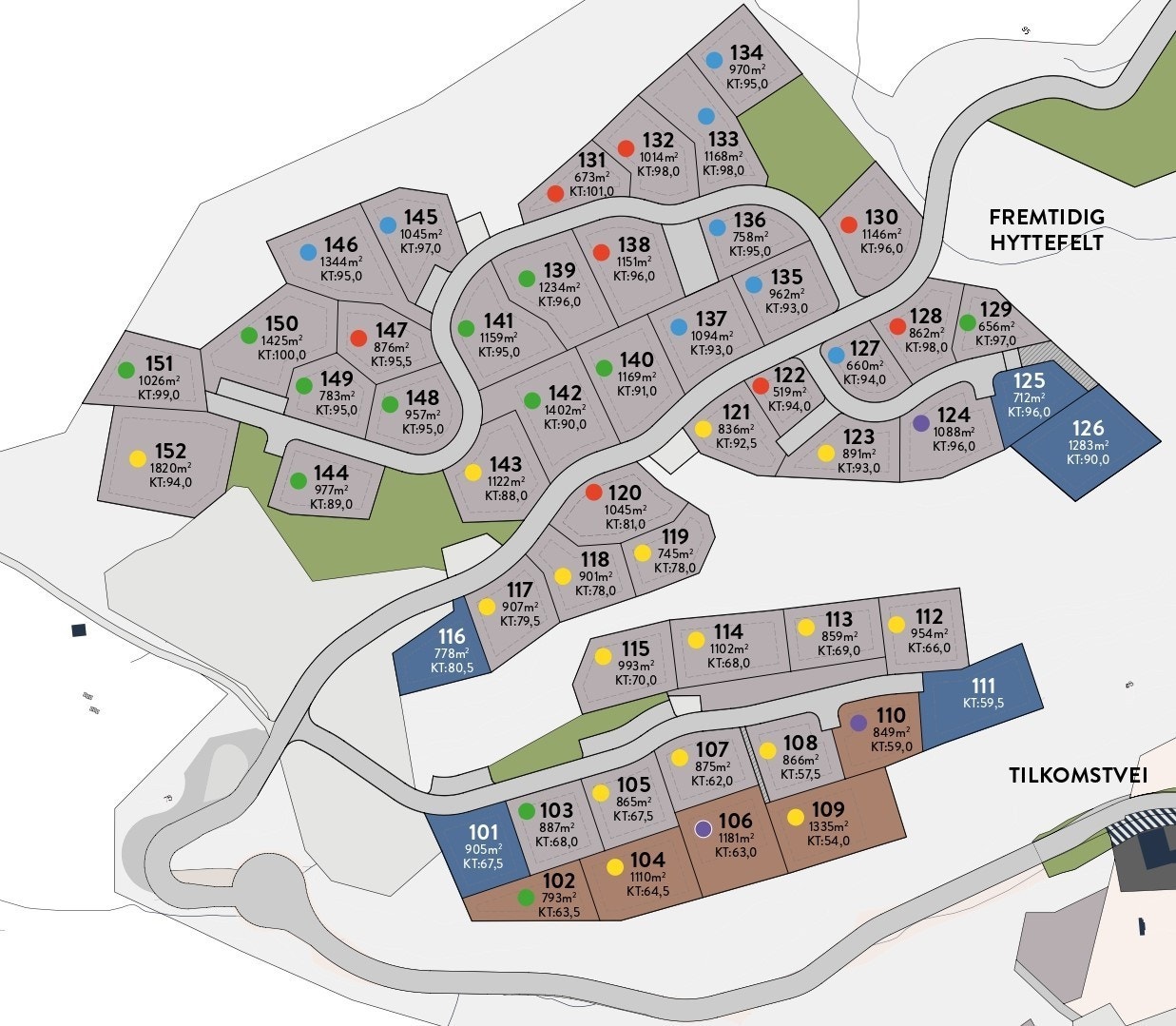 Tomtekartet viser del 1 av Sørlandsleia og de 52 første tomtene som nå er byggeklare. Galleribilde