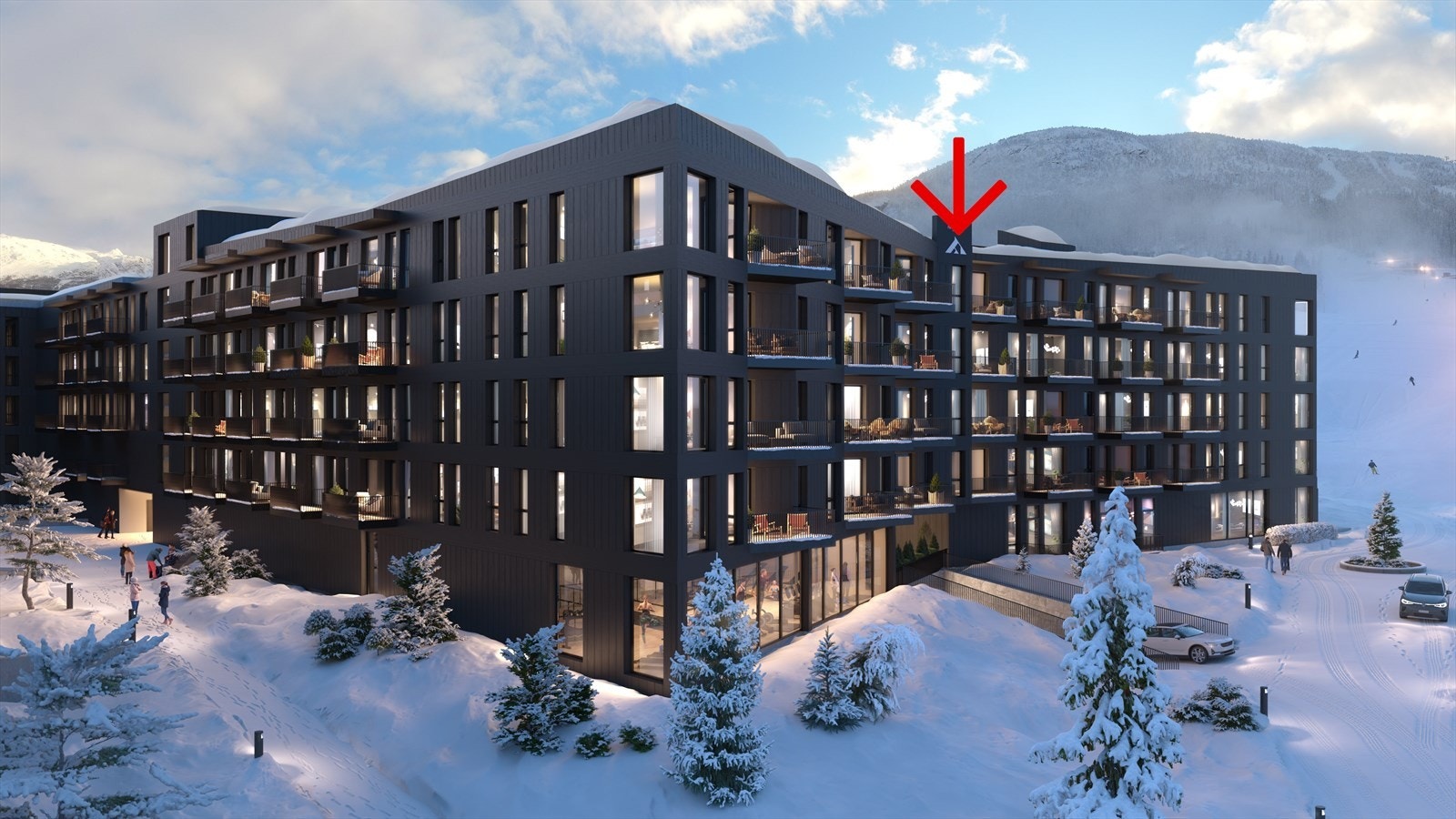 Leiligheten ligger i 5. etasje, vestvendt og vil få fin utsikt mot de mektige fjellene. Galleribilde