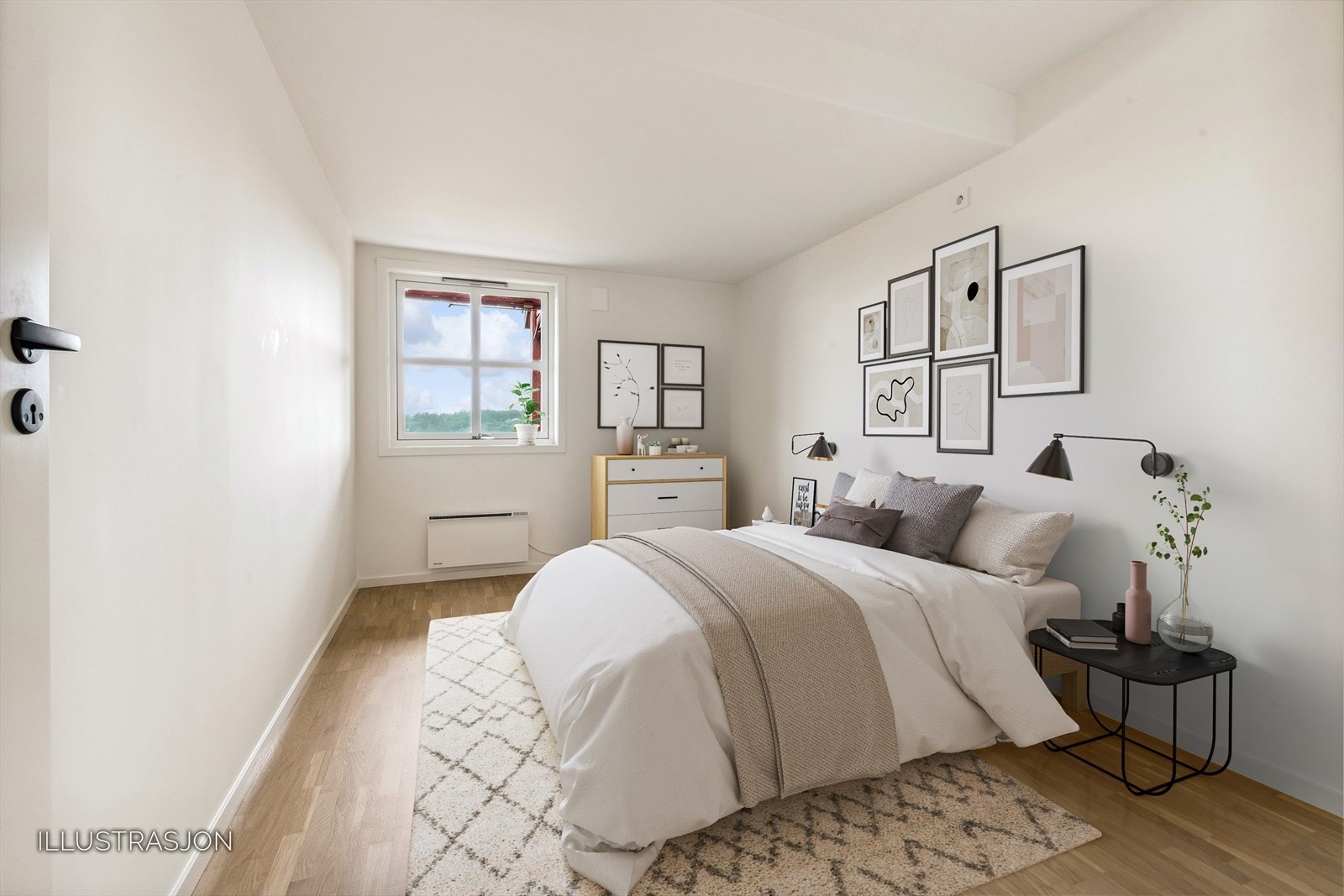 Hovedsoverom med plass til dobbeltseng og garderobeløsning. (Dette er kun et illustrasjonsbilde på hvordan møbleringen kan se ut). Galleribilde