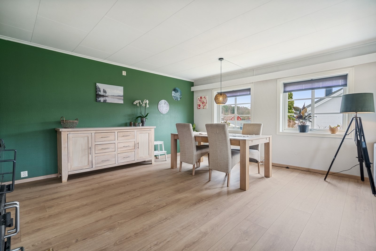 Rommet er malt hvit på fleste vegger med en kontrastvegg i grønn farge som spriter opp værelset. Galleribilde
