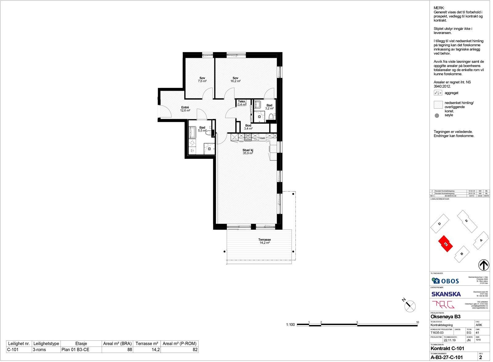 Leiligheten er luftig med lysinnslipp fra tre sider. Praktisk planløsning med stor gang, to soverom (hvorav ett har privat bad), to bad og stue/kjøkken av god størrelse. Stor terrasse. Galleribilde