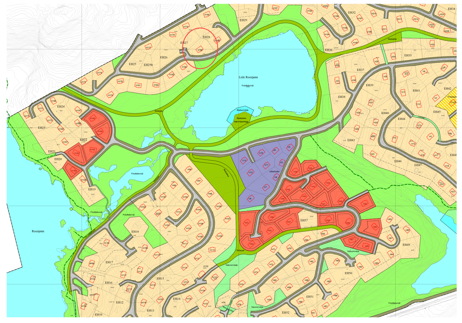 Plankart Gautefallheia. Tomt H185 markert Galleribilde