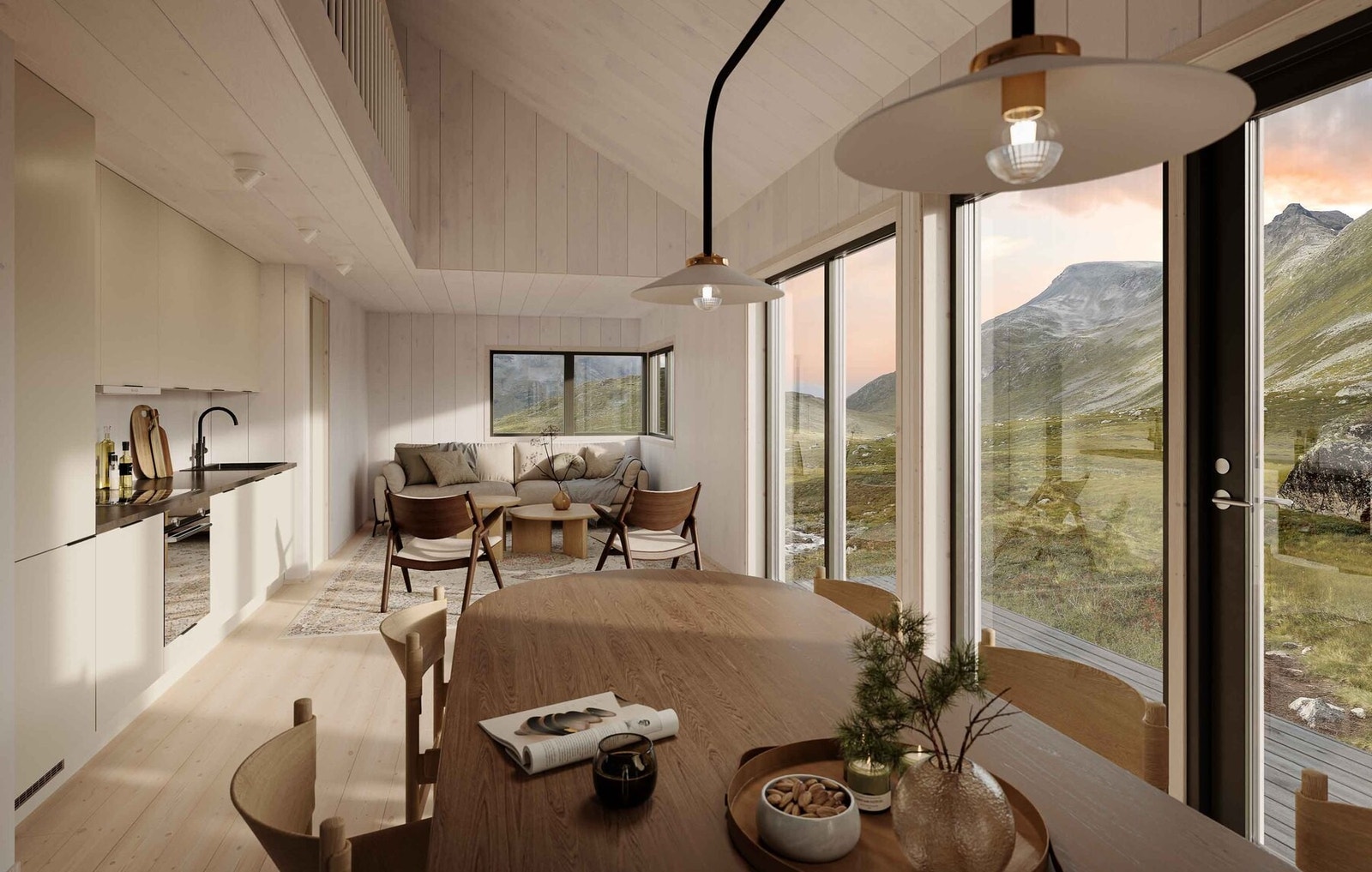 Store vinduer slipper lys og utsikt inn i hytta. Illustrasjon stue/kjøkken. Galleribilde