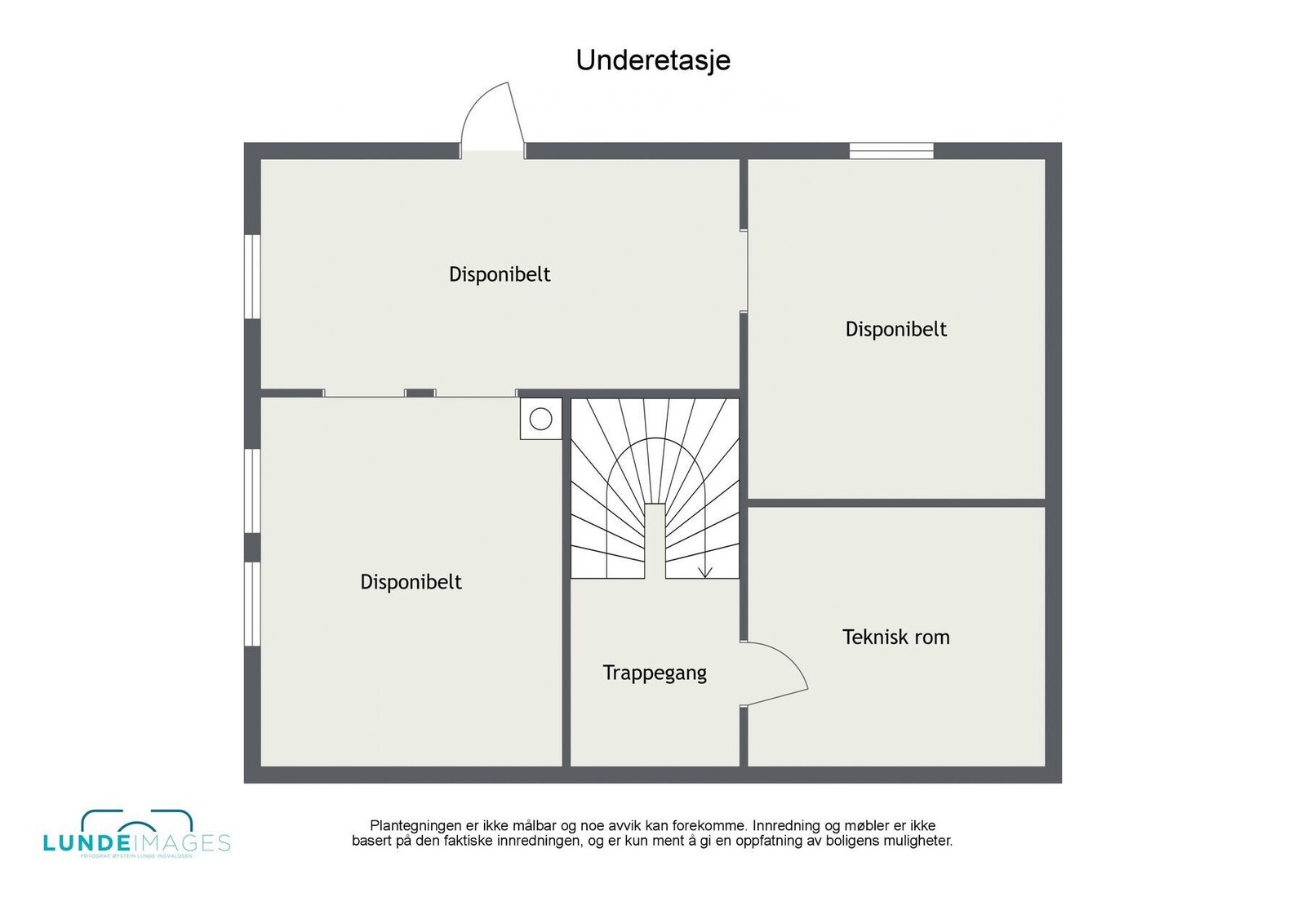 Plantegning underetasje - ikke målbar - kjelleren er på ca. 63 kvm totalt BRA og består av trappegang, teknisk rom, samt 3 disponible rom derav et rom har egen gangdør Galleribilde