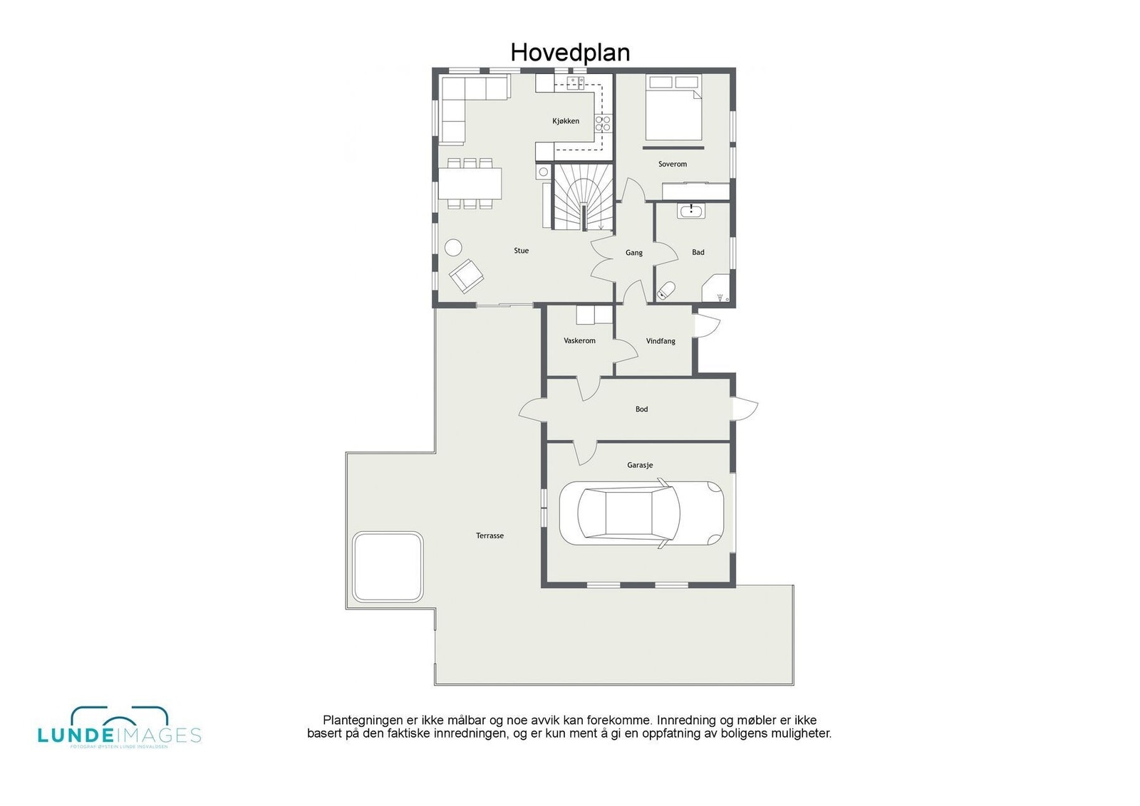 Plantegning hovedplan - ikke målbar - hovedplanet er på ca. 120 kvm totalt BRA og består av vindfang, gang, vaskerom, bad, soverom, stue/kjøkken og garasje med bod Galleribilde