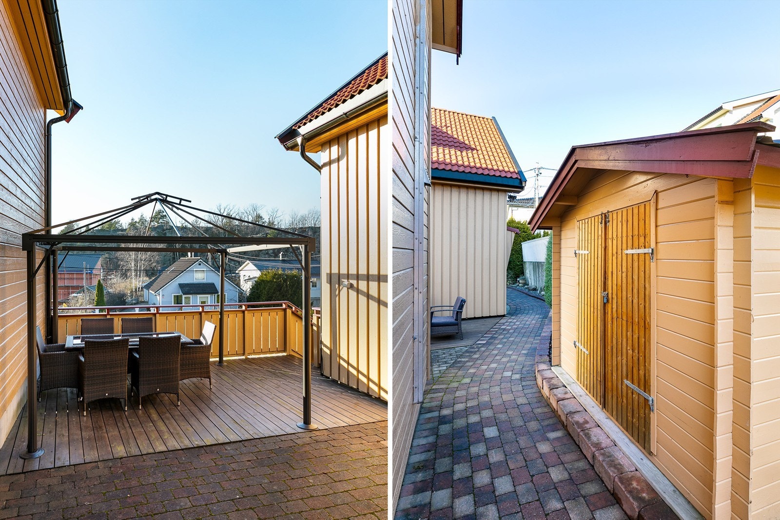 Gangarealene er pent opparbeidet med belegningsstein og tilstøtende bed. Galleribilde