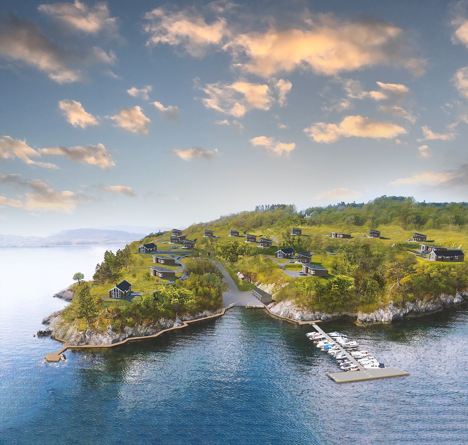 Illustrasjon Gjellandsvika med skjærgårdspromenade, felles kaianlegg og mulighet for egen båtplass. Galleribilde