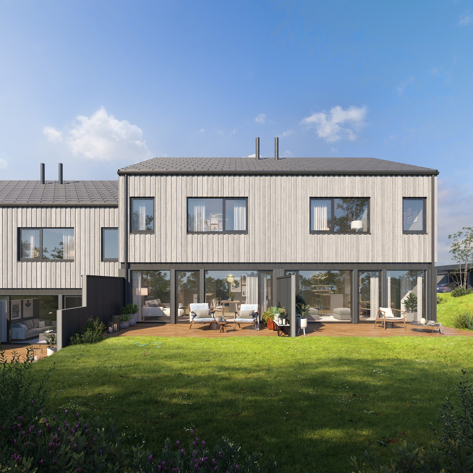 Boligene har stramme og rene linjer, med vindu som gir mye lys og god utsikt på en skjermende måte. Foran husene etableres en naturlig møteplass, med en benk og et tuntre. På andre siden, mot vest, ligger et mer skjermet og privat uteområde. Galleribilde