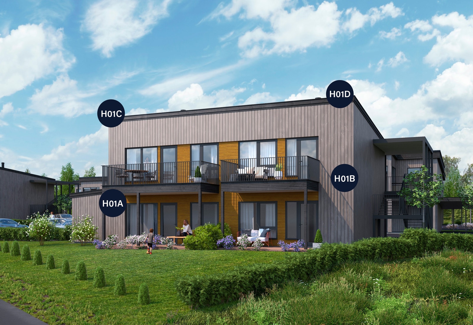 Illustrasjon av firemannsbolig H01A, H01B, H01C og H01D. Avvik vil forekomme. Galleribilde
