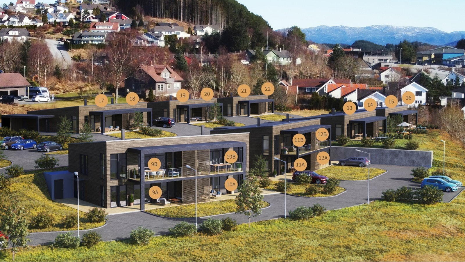 Illustrasjon av bustadfeltet. Bustaden i annonsen er bustad 12B Galleribilde