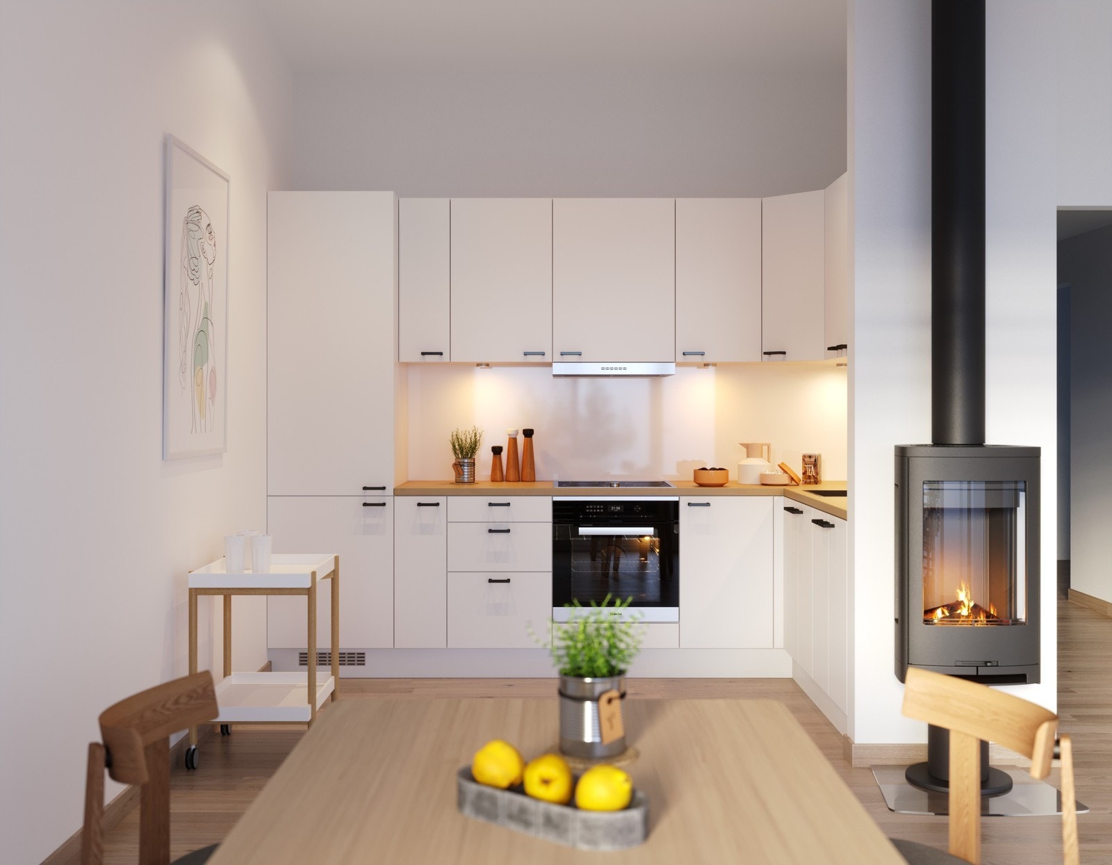 Illustrasjon av kjøkenet i tomannsbustaden Galleribilde