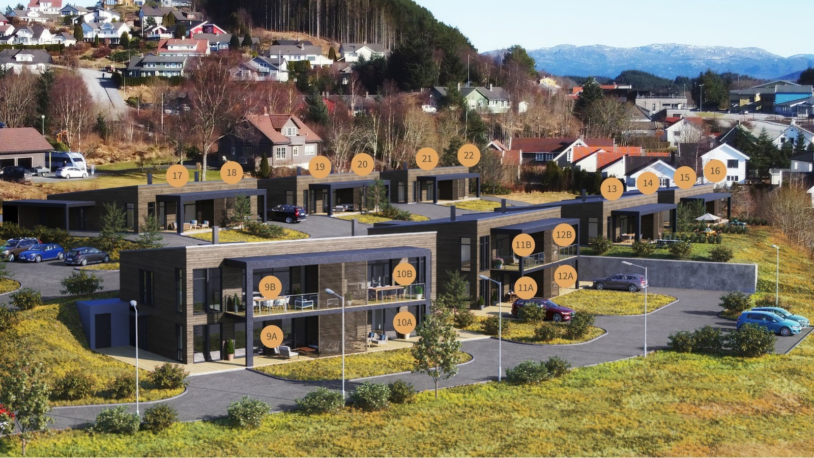 Illustrasjon av bustadfeltet. Bustaden i annonsen er bustad 16 Galleribilde