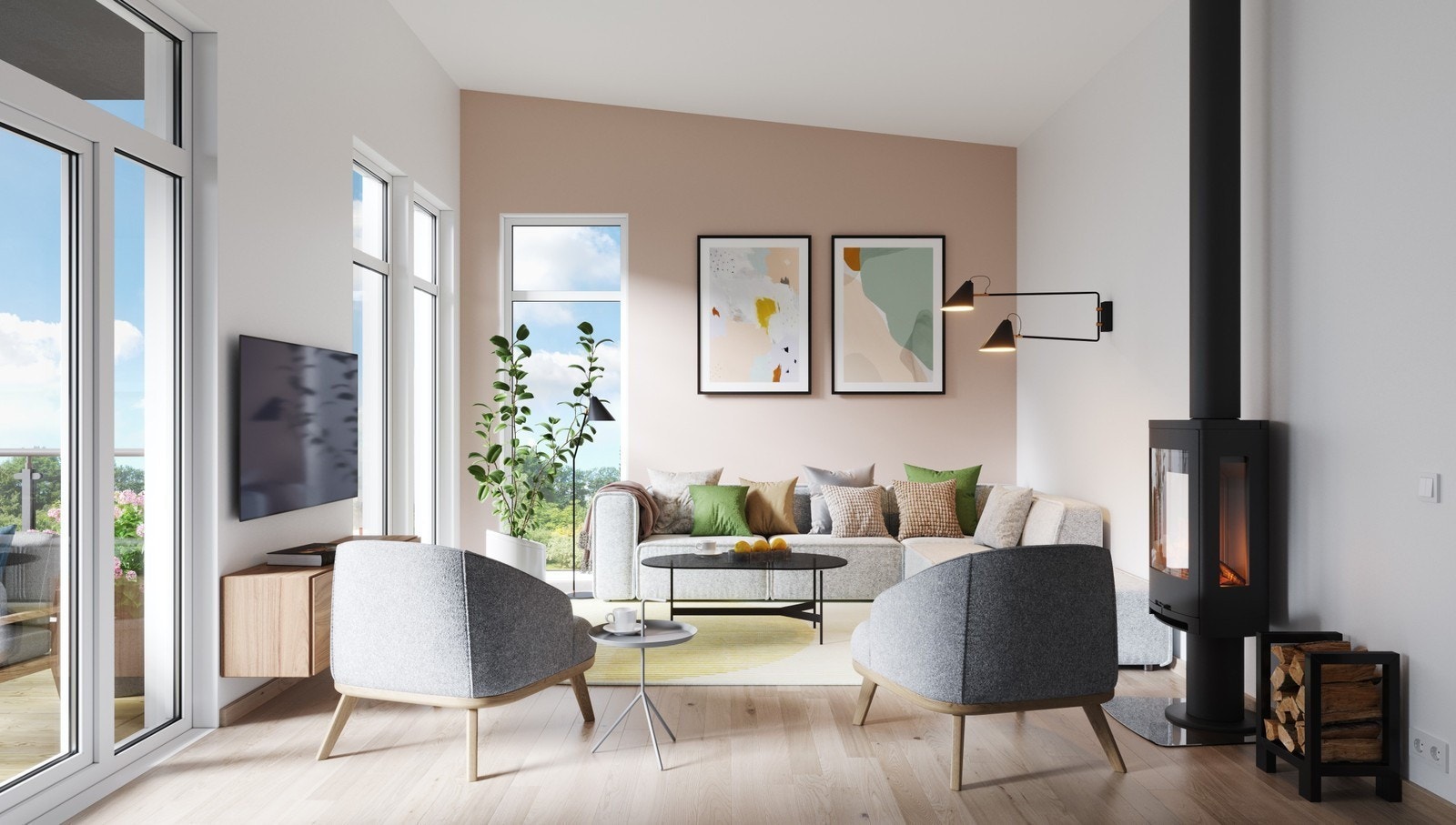 Illustrasjon av stova i firemannsbustaden Galleribilde