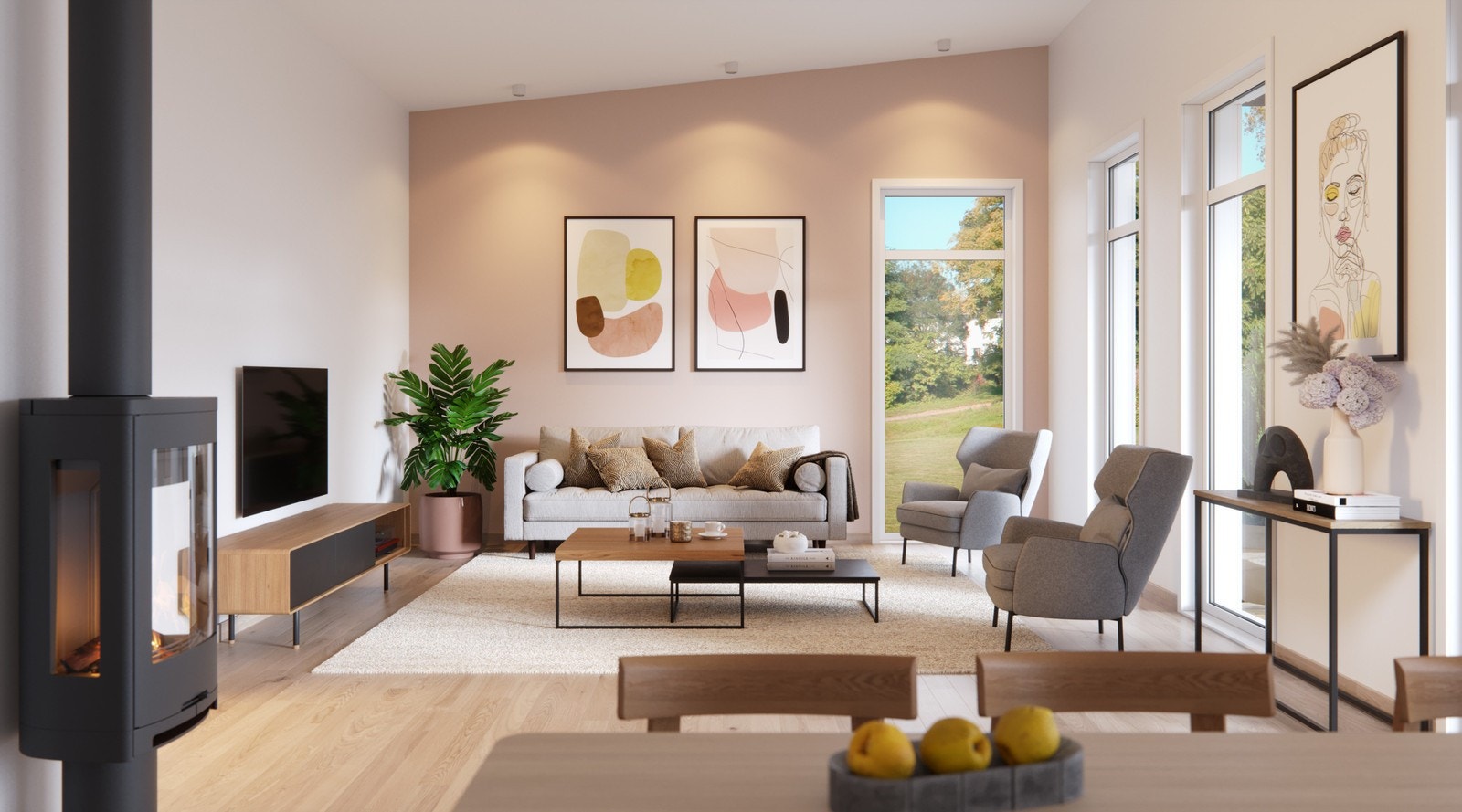 Stova har takhøgde over 240cm som gir eit luftig rom. (Illustrasjon) Galleribilde