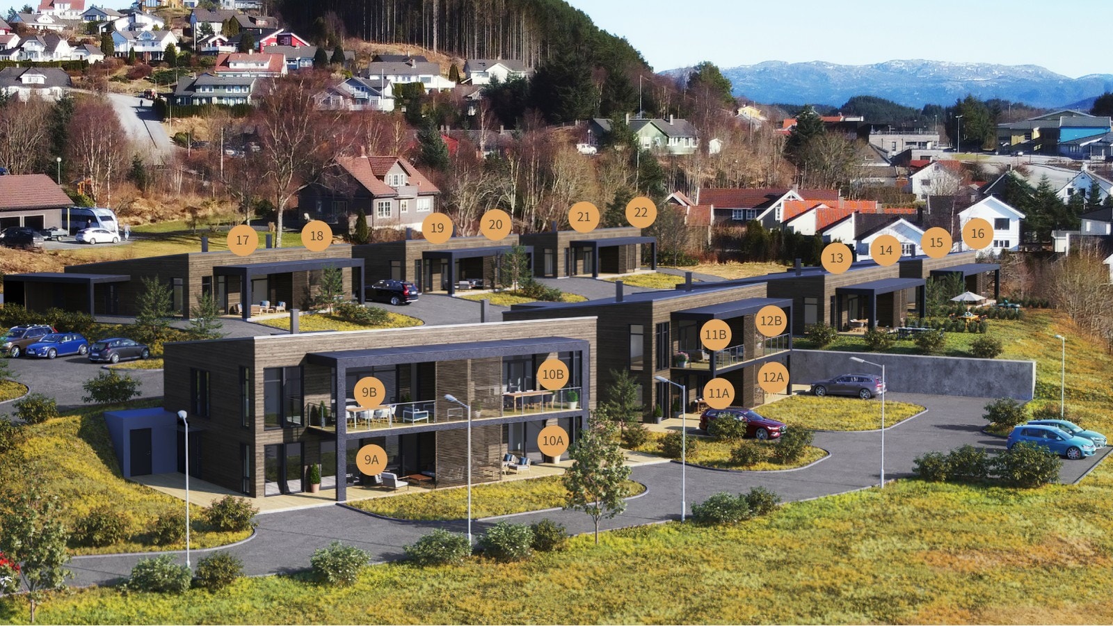 Illustrasjon av bustadfeltet. Bustaden i annonsen er bustad 18 Galleribilde