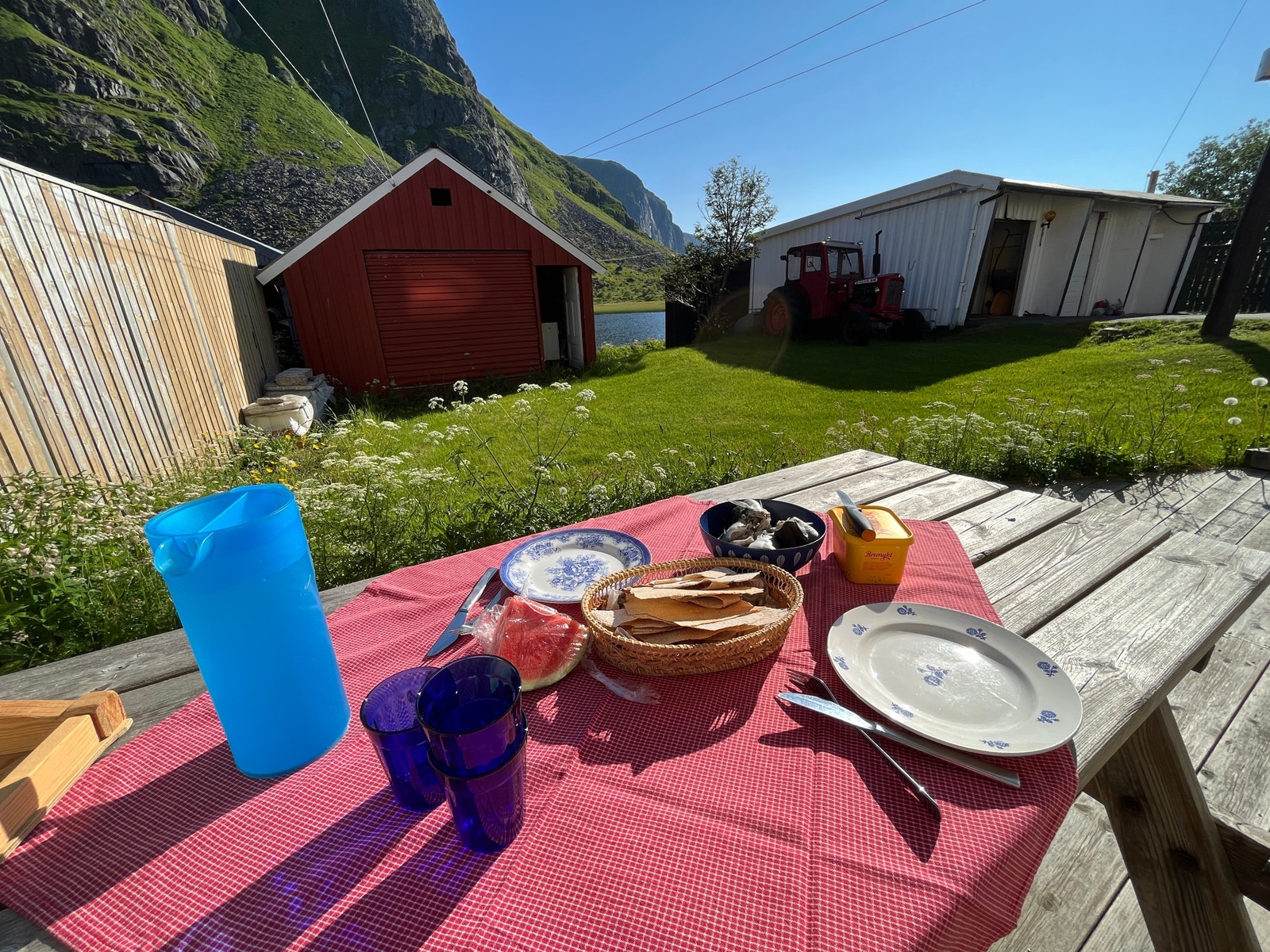 Nytrekt småsei og flatbrød, lett mellommåltid i lun bakgård. Galleribilde