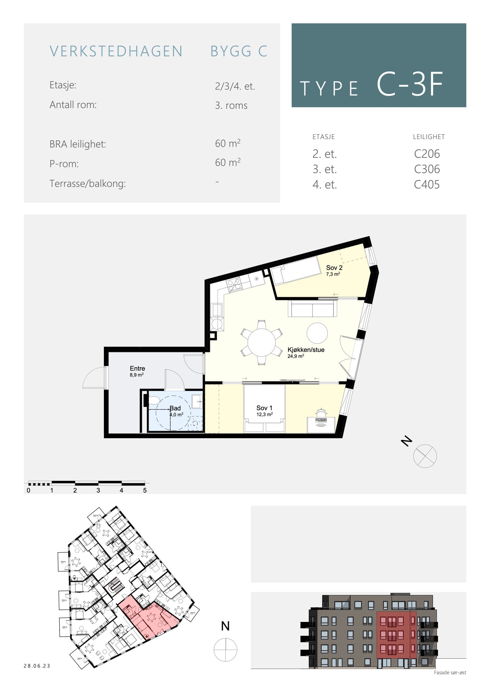 Sørvendt 3-roms på 60 m2 - Fransk balkong - Parkett - HTH kjøkken Galleribilde