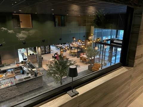 Utsyn fra badeavdeling og ned i restaurant Galleribilde