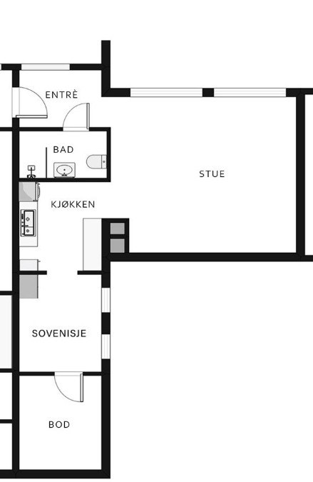 Plantegning. Sovenisjen er nå en del av kjøkkenet Galleribilde