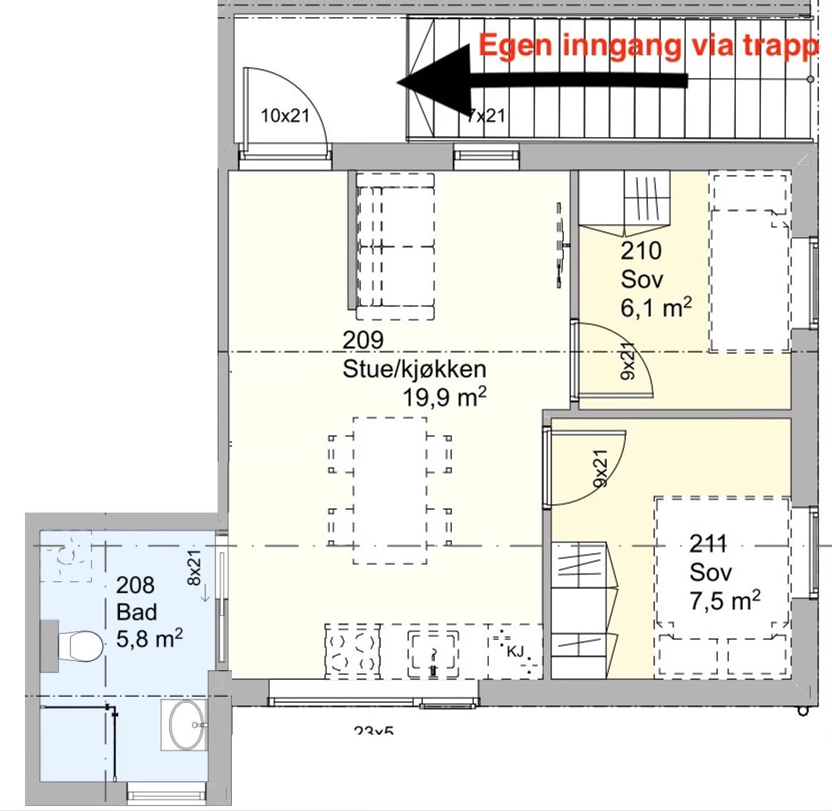 Plantegning. Kjøkkenet er ikke helt riktig fremstilt her. Se neste bilde. Galleribilde