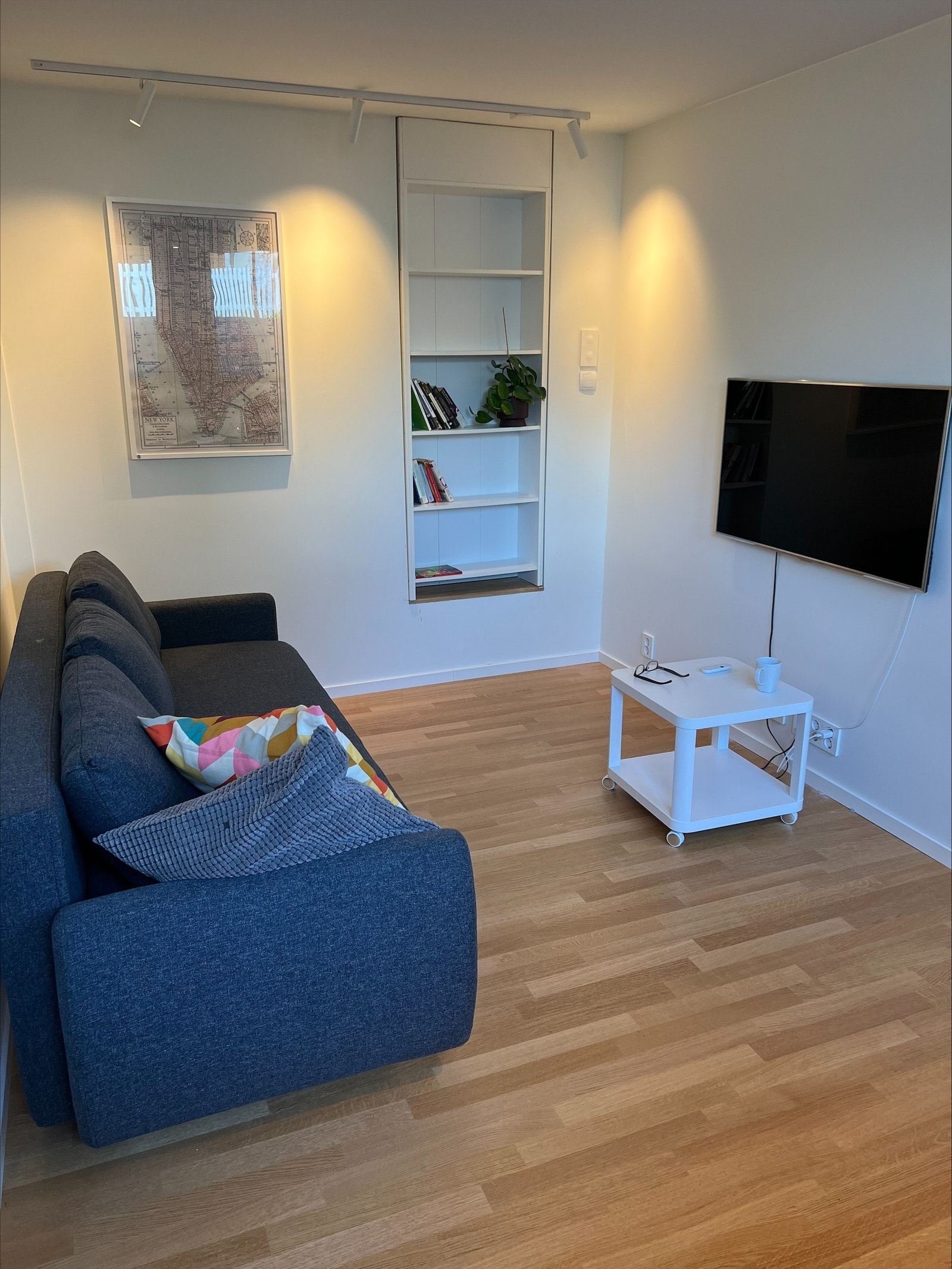 Stue med TV, sovesofa og hyller Galleribilde