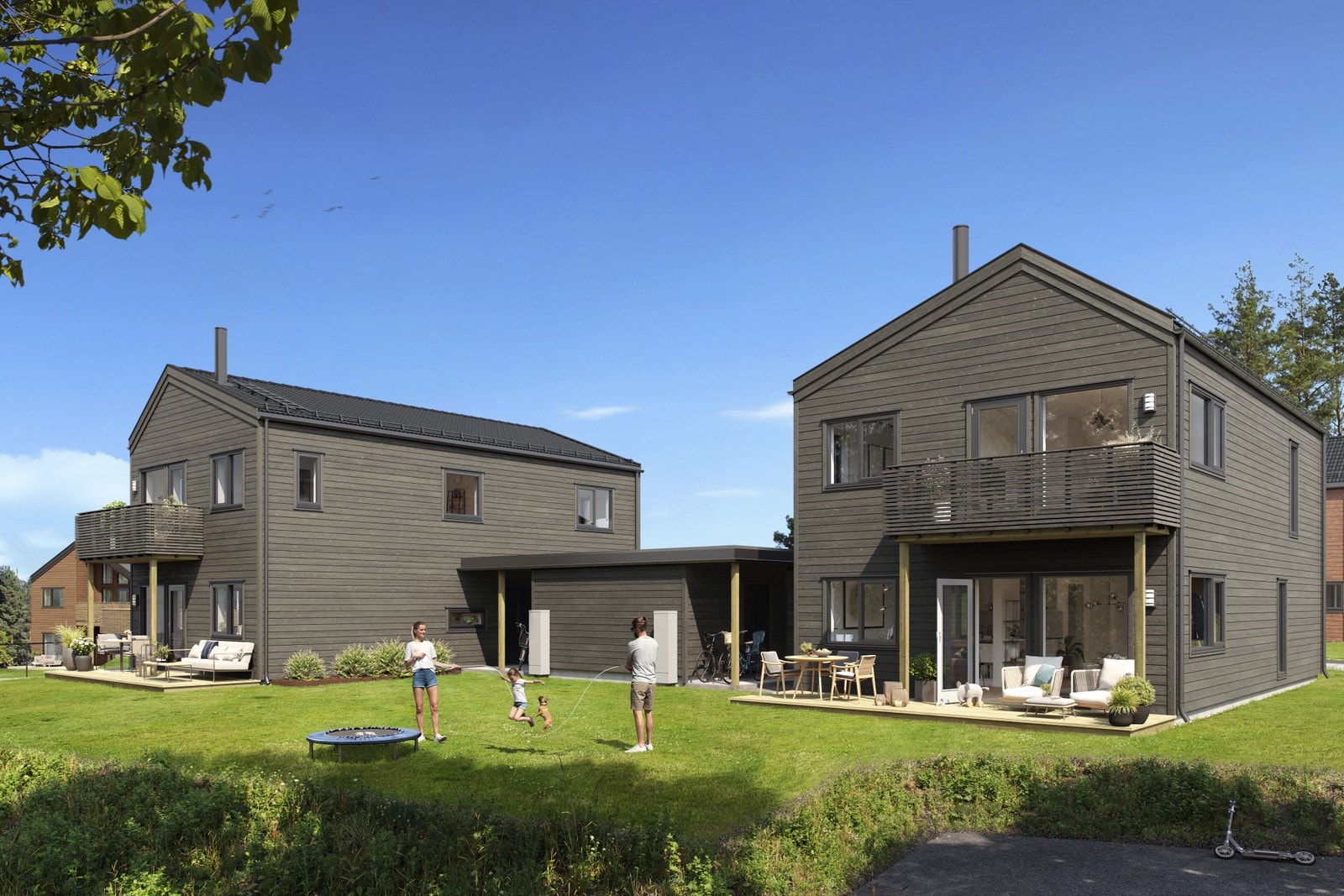 Hus 11 og 12 - Kjedet eneboliger med carport mellom husene. (tomtene leveres tilsådd, men uten beplantning) Galleribilde