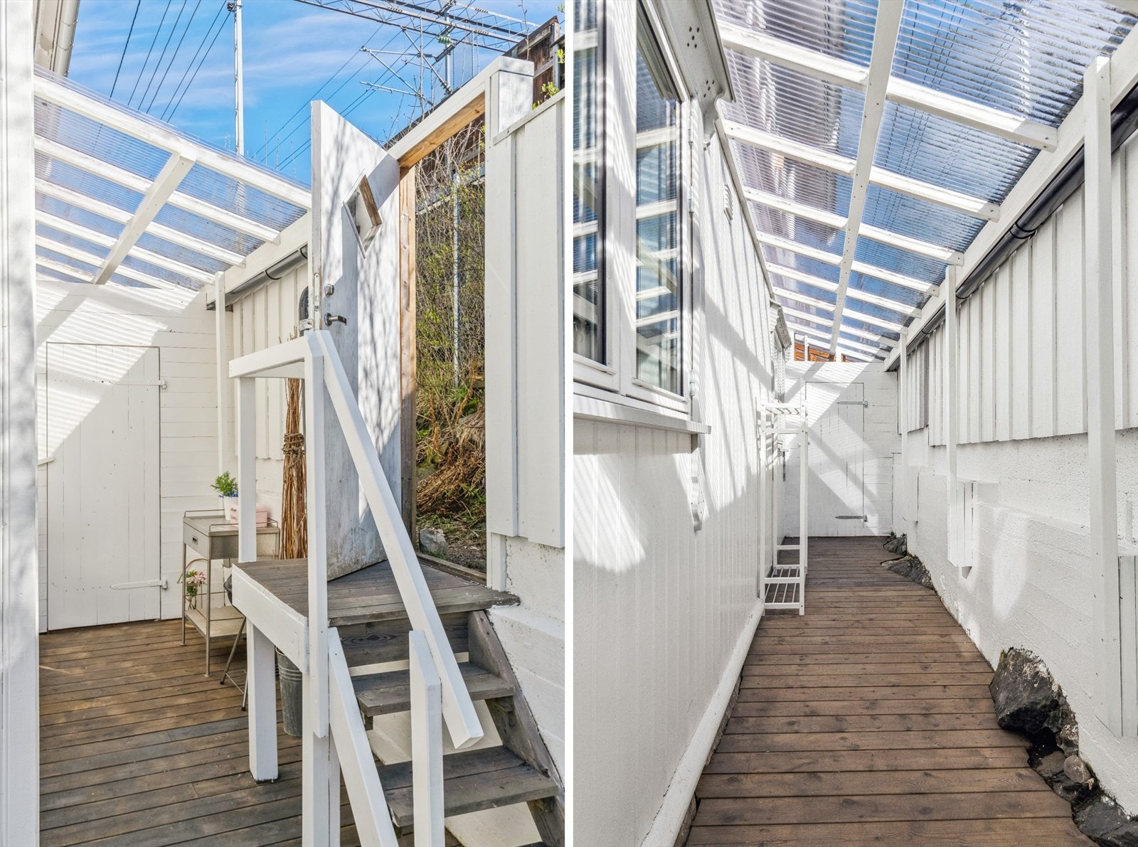 Svalgang mellom hus og skjermingsvegg. Oppbevaringsplass i utebod i enden. Galleribilde