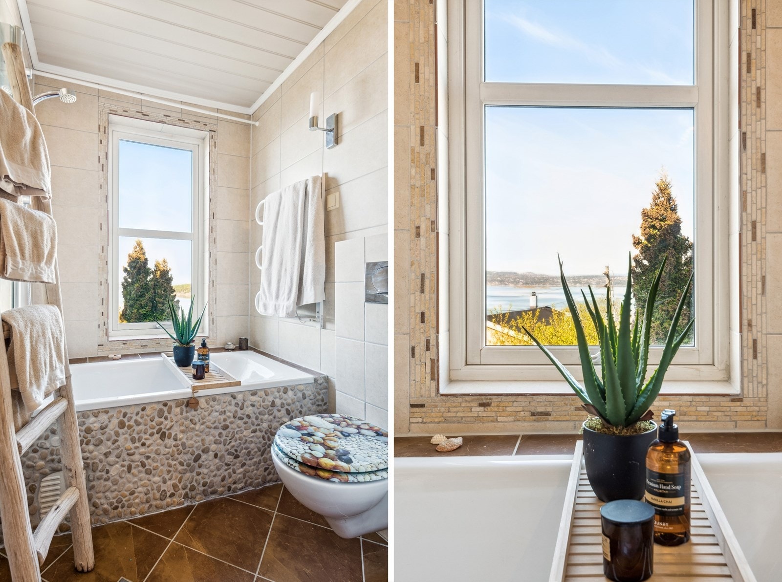Flislagt baderom med utsikt fra badekaret Galleribilde