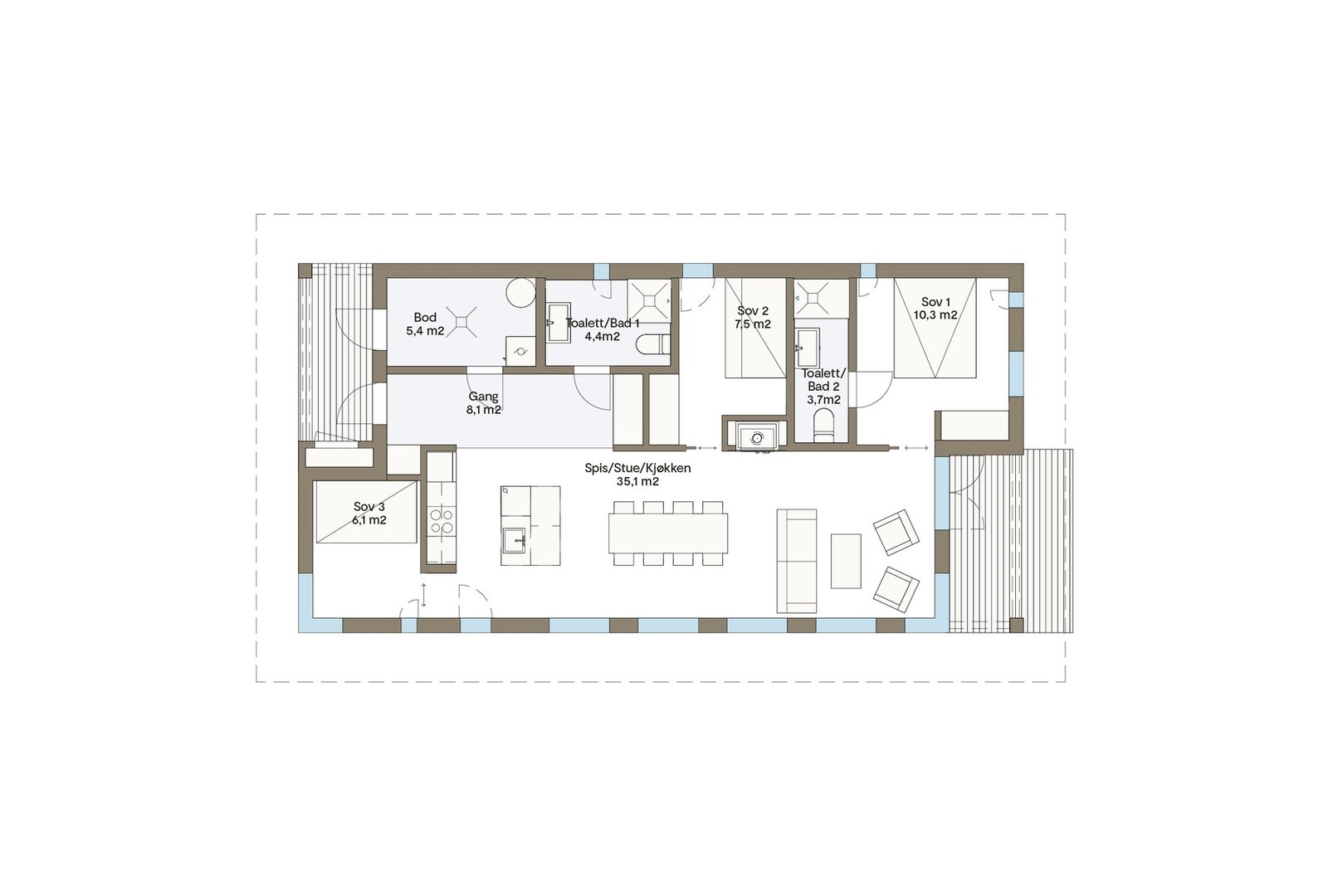 Planløsning Vy24 ATS. 3 sov, 2 bad og romslig stue/kjøkkenløsning Galleribilde