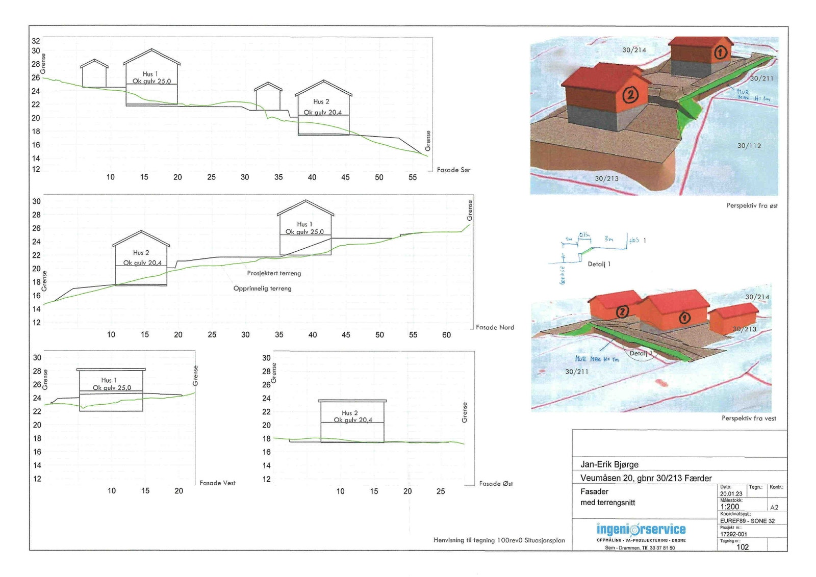 Illustrasjon kotehøyder og terrengsnitt eksisterende terreng.
Illustrasjon boliger er lagt inn iht situasjonplan og tilpasset eksisterende terreng Galleribilde