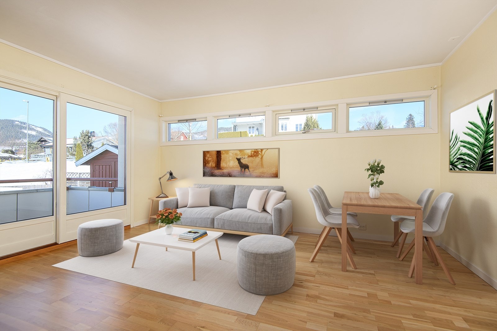 Lys og delikat stue med plass til både sofa og spisestuebord. Dette er et illustrasjonsbilde. Galleribilde
