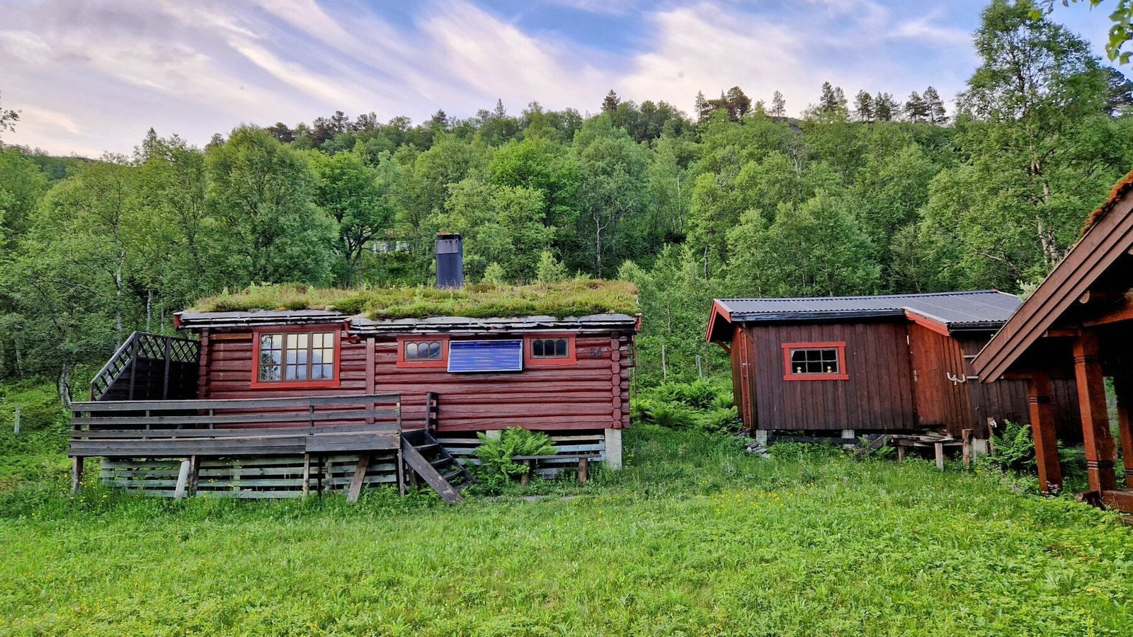 Hyttetunet ligger på en gresslette, godt skjermet mot andre hytter Galleribilde