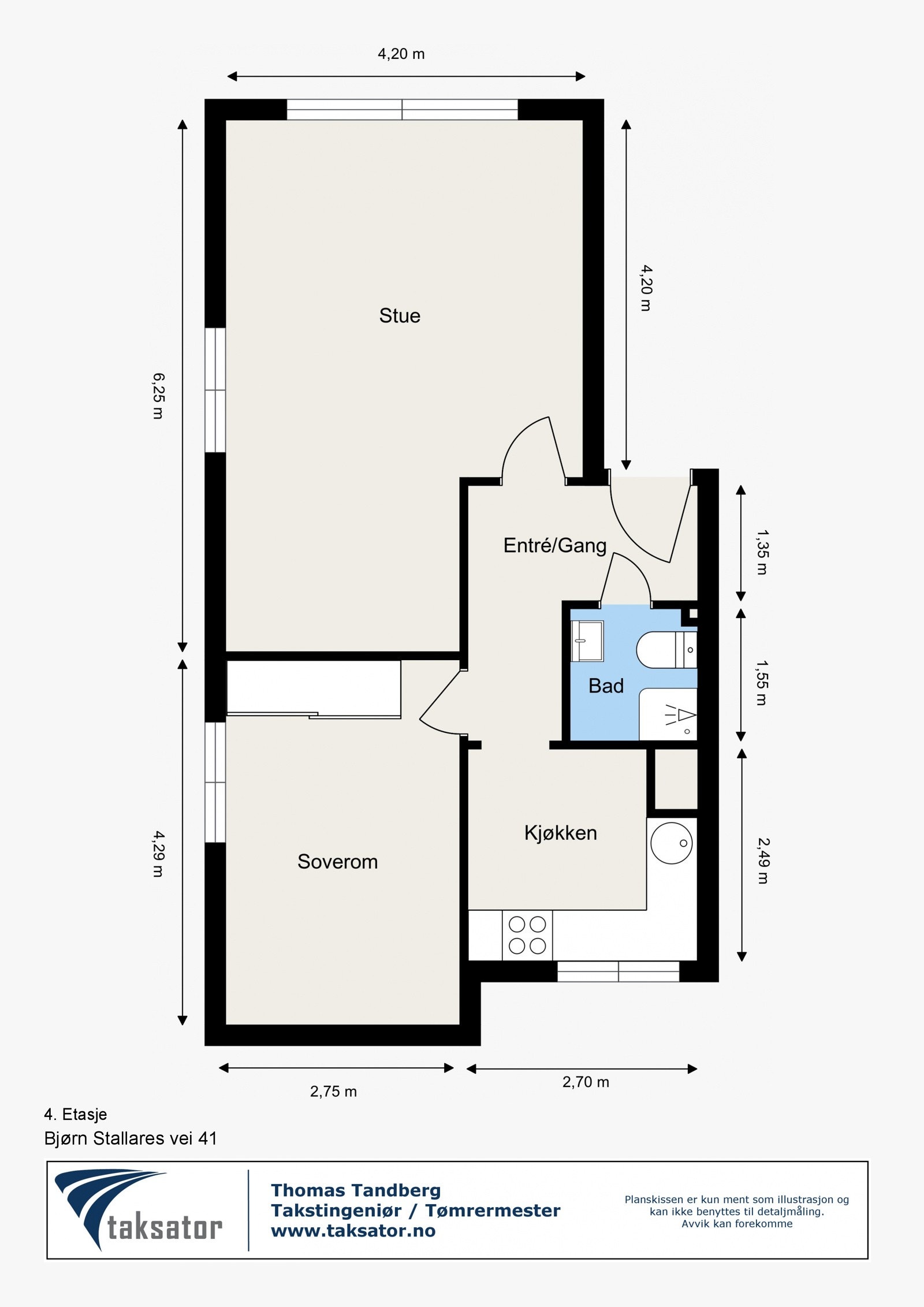 Vi begynner først med å vise den planskissen slik at du får best mulig oversikt over leiligheten. Skissen er utarbeidet av bygningssakkyndig og er hovedsakelig tiltenkt illustrasjon. Galleribilde