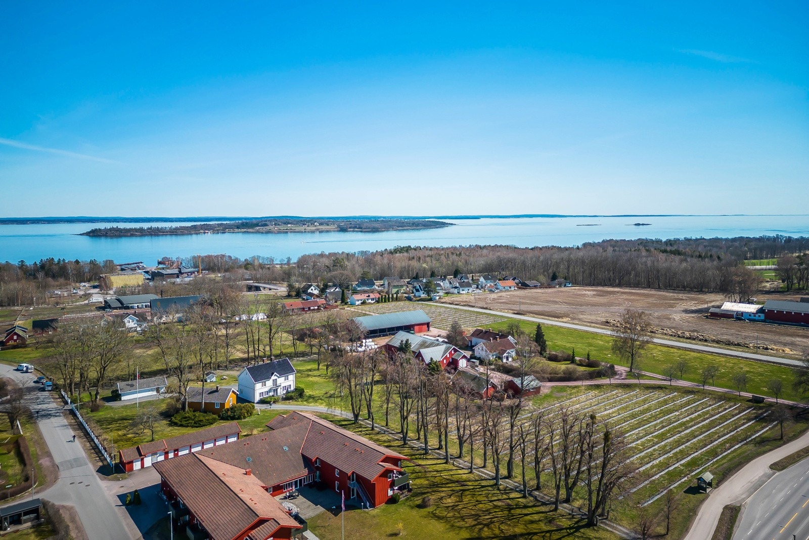 Her ser vi et dronebilde med eiendommens flotte Lindeallè og Bastøy og Oslofjorden i bakkant Galleribilde